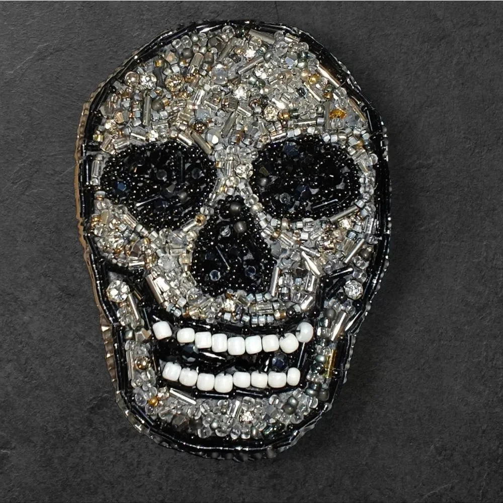 Murka Designer's Hand Beaded Skull Brooch - Black and Silver Large
